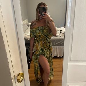 Tropical print off the shoulder maxi dress